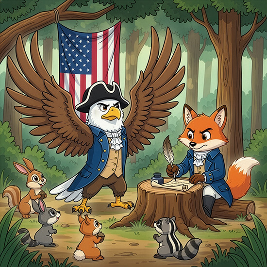 Liberty the Eagle and Jefferson the Fox writing together